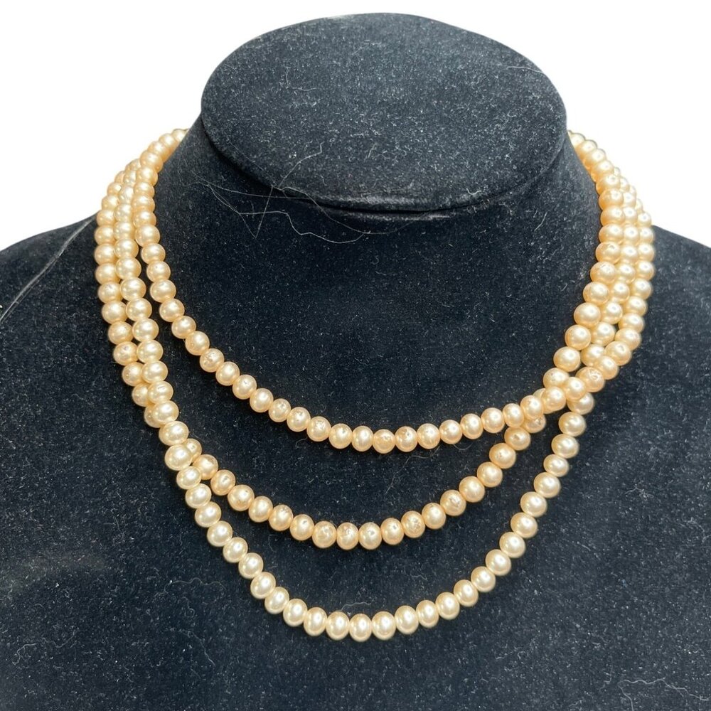 Vintage Sarah Cov Triple-Strand Faux Pearl Necklace W/ Rhinestone Clasp 28" A381